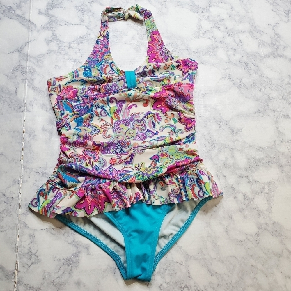 Lands' End Swimsuit Girls‎ 14 Paisley 1 piece Blue Pink Halter Beach